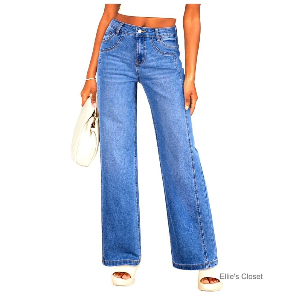 High Waisted Wide Leg Jeans with Patchwork Design and Stretchy Denim